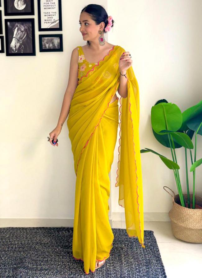 Georgette Yellow Casual Wear Embroidery Work Saree